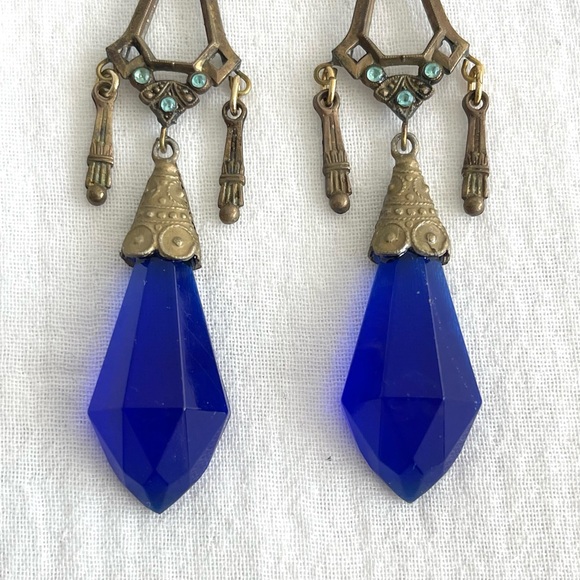 Vintage Czech Blue Glass, Brass & Rhinestone Art Deco Dangle Earrings - Picture 3 of 7